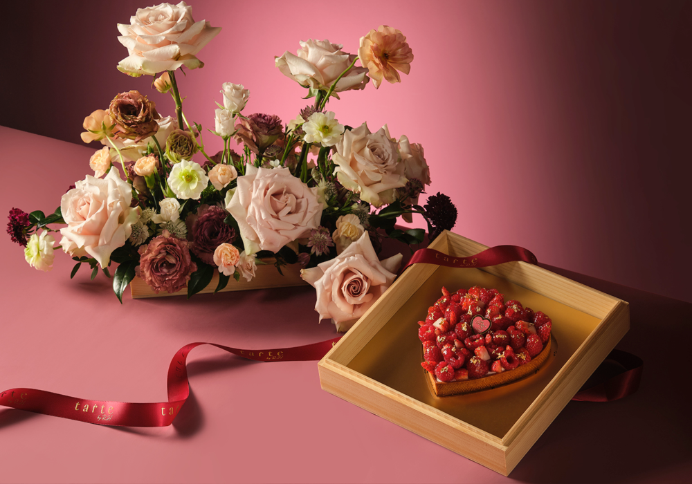 caviar tart and floral arrangement gift set